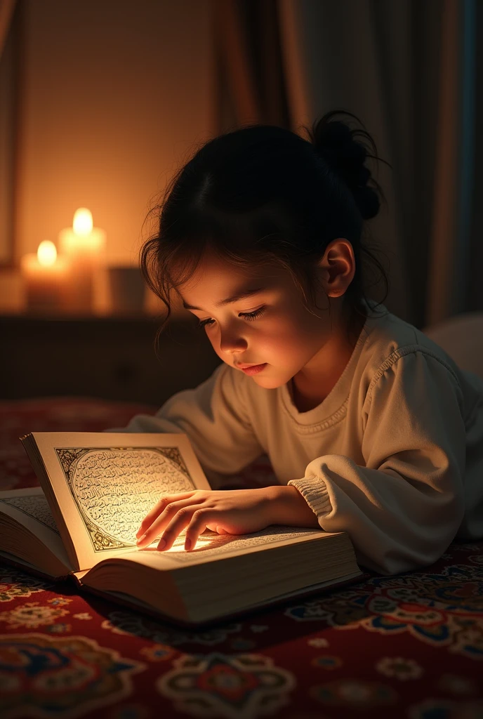 a girl reading the quran under the soft light of a lamp,intricate arabic calligraphy book,detailed facial features,warm lighting,focused expression,cozy bedroom interior,ornate rug,candle light,photorealistic,cinematic lighting,highly detailed,rich textures,glowing warm tones,dramatic atmosphere,masterpiece