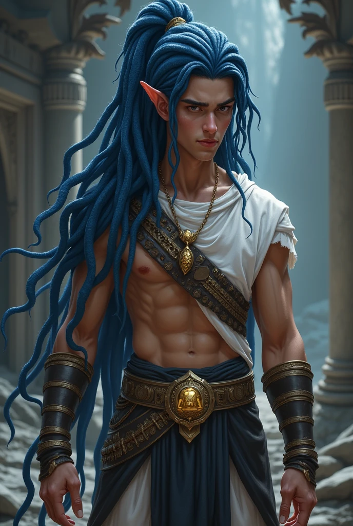 League of legends style, dark blue dreadlocks in the shape of tentacles, ancient warrior clothes, emperos clothes, masculine, young man without many muscles, no beard, human ears, white clothes, pingente de joia amarela no pescoço, roupa que mostra o corpo, dark blue dreadlocks in the shape of tentacles they had the ends of their hair pointing up, League of legends style, ancient warrior clothes, emperos clothes, masculine, young man without many muscles, no beard, human ears, black clothes, pingente de joia amarela no pescoço, roupa que mostra o corpo