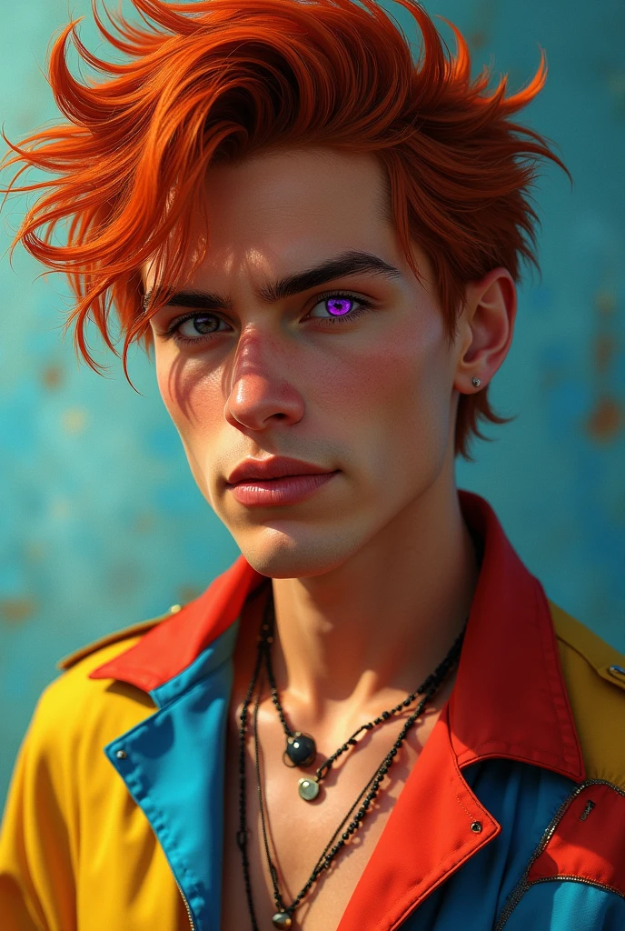 Generate a photo of an Iglesias Male with tan skin, Violet eyes, Ginger hair, artsy clothes with a lot of colors such as yellow, red, and blue. And give him a mean smirk