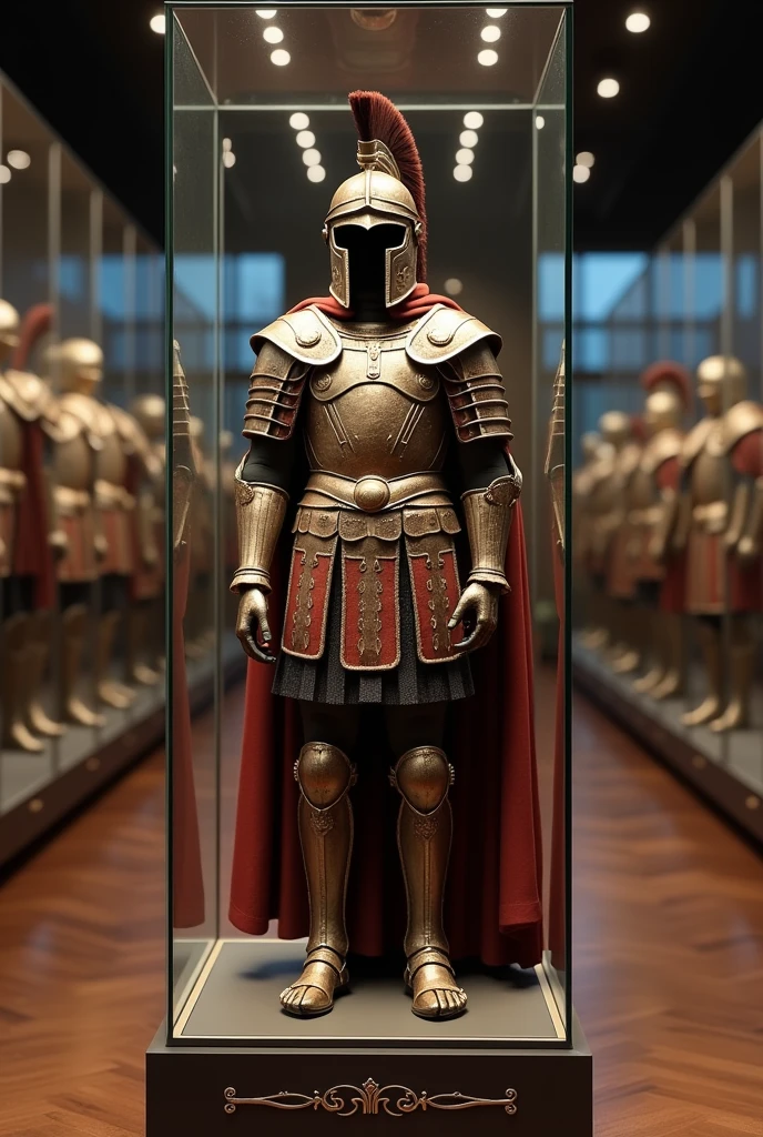A military museum, Behind a glass display case is a complete suit of Roman centurion armor., It looks like it was used in battle as it has some cuts and is a little discolored.. 3D isometric effect ultra-detailed intricate insanely full HD