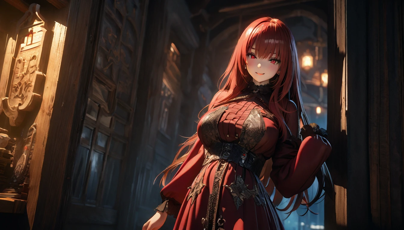 1 woman，masterpiece, 8K quality, (((red skinned girl))),(чрезвычайно подробные обои CG Unity 4k),(masterpiece),(Best quality),(ultra detailed),(best illustration),(best shadow),(absurdity),(detailed background), detailed face, Detailed hair, official Art, unity 8k wallpaper, super detailed, Beautiful, Beautiful, ((New goth girl:1.4)), masterpiece, top quality, Dark, In the atmosphere, mysterious, romantic, creepy, literature, Art, fashion, Italian Vineyard , decoration, difficult, Metalworking, contemplation, depth of emotions, black hair, Supernatural, 1 girl, One, Hip, Close-up, creepy, old (man:0.5), shiny complex details, spicy, 3D rendering, cinematic lighting, unreal engine, Blender, big breasts, Smirk、professional lighting、about, standing, very long hair, cowboy shot, brilliant, brilliant hair, (night:1.2),Dreamy, [[gentle fingers and hands:0.55]::0.85],(detailed fingers),),(emotional),(breathtaking),(main part:1.2) whole body.), (Anime Style), (Super Detailed), (brutal), (uhd, HDR), (8k), (High Resolution: 1.2), (Complex and Beautiful: 1.2)