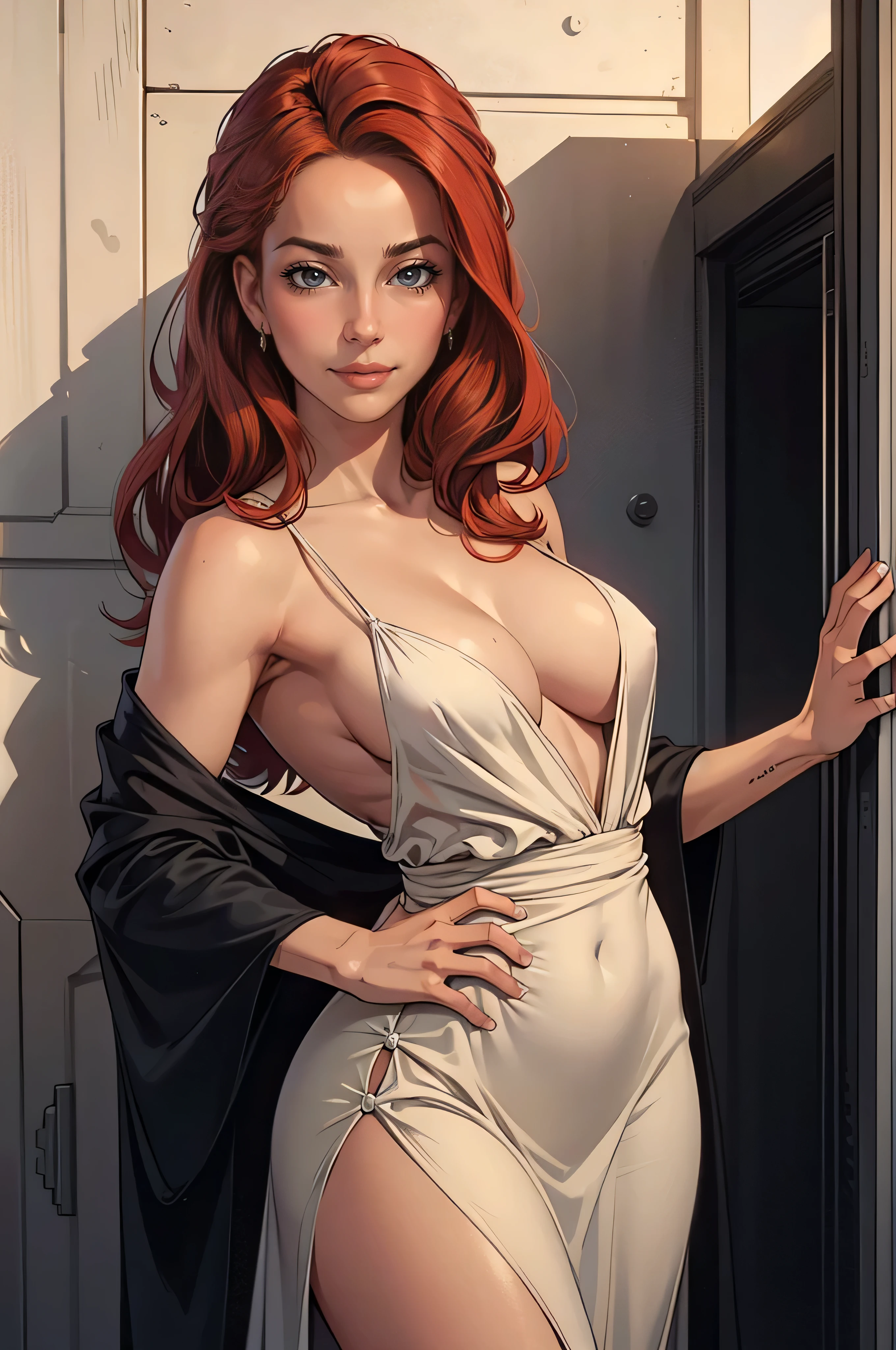 Best Quality, Masterpiece, (Realistic: 1.2), 1 girl, slim girl, red hair, brown eyes, front, detailed face, beautiful eyes, brown eyes, big eyes, small breasts, cleavage, long dress
