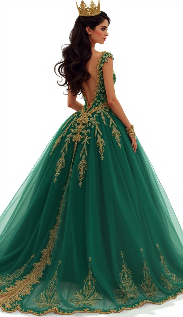 Make a majestic illustration on a white background, of a quinceañera dressed in a majestic emerald green dress with gold details. the quinceañera is facing away. The design is elaborate and elegant, with a style worthy of royalty and high society, highlighting the young woman&#39;s social status. The dress has a neckline that reveals the high back and shoulders., with gold embroidery that stands out against the green background. The skirt is wide and voluminously adorned with the same golden details.. Her hair, dark brown, It is combed in soft waves that fall over her back.. besides, She wears a golden crown that completes her royal and sophisticated look., which makes her look like a princess on her special day.