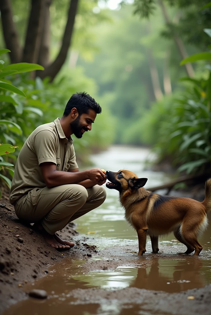 A Indian rescue man feed biscuits to an Indian stray dog on the jungle muddy river side