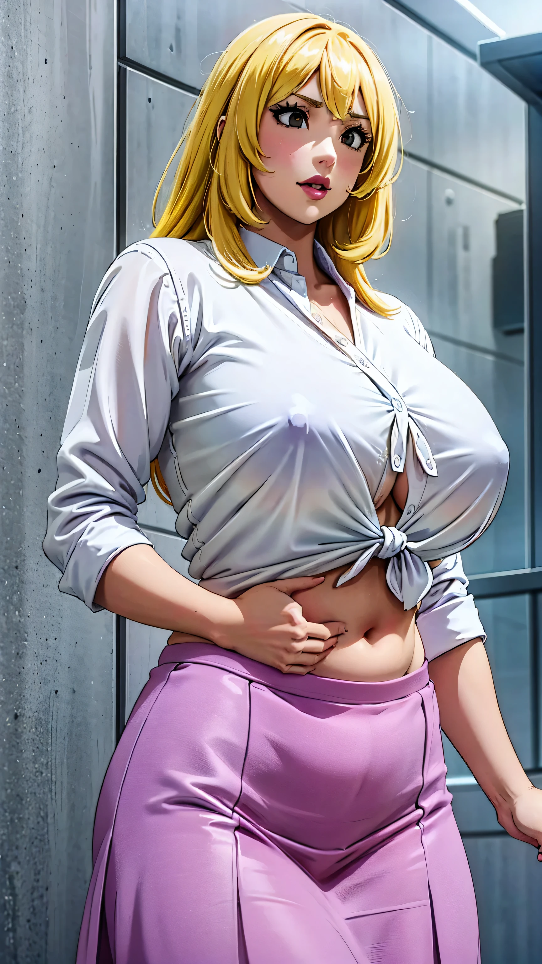 A tall girl with big breasts, beautiful, long yellow hair, gray eyes, pink lips, wears a white button-down shirt tied with a knot, showing her chest, showing her belly button, and a long purple skirt 