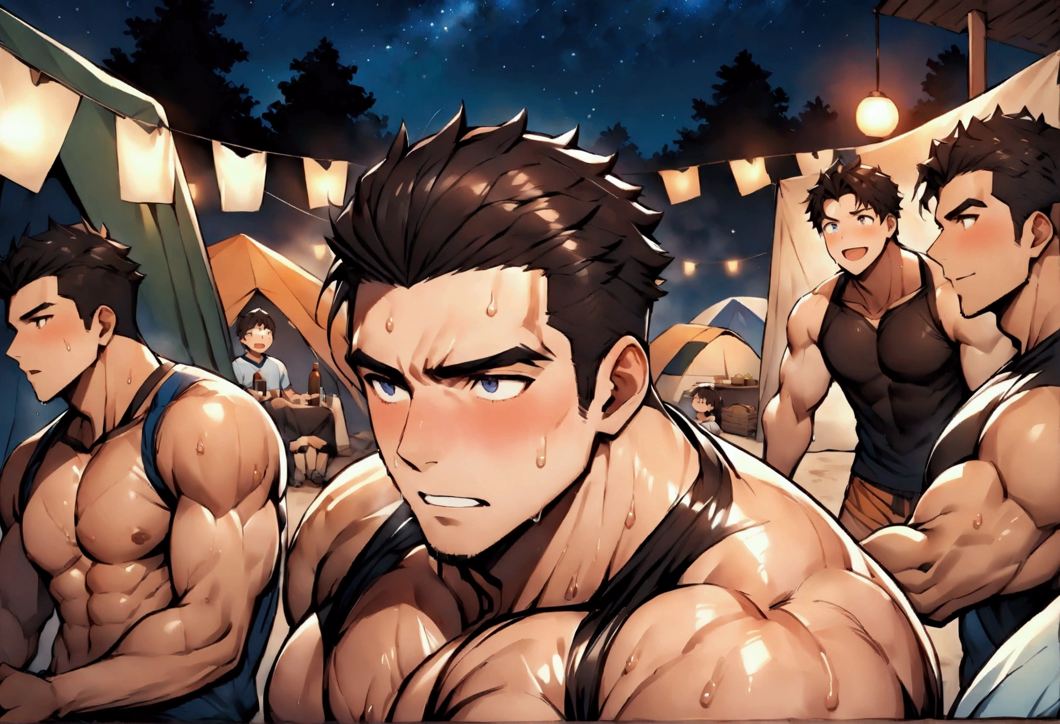 Highest quality、High resolution、Super detailed、(muscular male:1.5)、(father:0.5)、Short Hair、Sports haircut、short hair、night、camp site、Looking up at the starry sky、A fun atmosphere、3boys、wide view