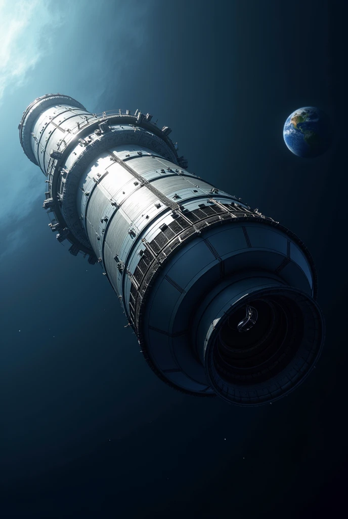 **Hyperdetailed Cylindrical Space Colony:**
- **Structure**: A massive, elongated cylinder floating in space. Its length is 5-6 times its diameter.
- **Exterior**: Smooth, reflective metallic surface with visible solar panels and radiators along the sides.
- **Ends**: Each end has a large circular cap, possibly with docking ports.
- **Scale**: The colony should appear at least 100 times larger than any nearby spacecraft.
- **Lighting**: Sunlight is coming from one side, creating a gradient from light to shadow across the curve.
- **Perspective**: The cylinder is viewed at a slight angle, highlighting its cylindrical shape. Not viewed directly from the side or end.
**Background:**
- **Space**: A dark blue space background, not black.
- **Earth**: A small Earth, appearing as a tiny blue and white marble in the distance.
- **Exclusion**: Absolutely no stars, planets, nebulae, or any other objects in the background.
**Style:**
- **Photorealistic**: High contrast, sharp details. Not cartoonish or stylized.
**Exclusions:**
- **No Interior Views**: Do not include any internal structures or cutaways.
- **No Other Objects**: No other space stations, ships, or objects should be included.
- **No Text or Labels**: No text, labels, or annotations on the image.