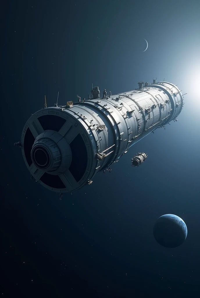 **Hyperdetailed Cylindrical Space Colony:**
- **Structure**: A massive, elongated cylinder floating in space. Its length is 5-6 times its diameter.
- **Exterior**: Smooth, reflective metallic surface with visible solar panels and radiators along the sides.
- **Ends**: Each end has a large circular cap, possibly with docking ports.
- **Scale**: The colony should appear at least 100 times larger than any nearby spacecraft.
- **Lighting**: Sunlight is coming from one side, creating a gradient from light to shadow across the curve.
- **Perspective**: The cylinder is viewed at a slight angle, highlighting its cylindrical shape. Not viewed directly from the side or end.
**Background:**
- **Space**: A dark blue space background, not black.
- **Earth**: A small Earth, appearing as a tiny blue and white marble in the distance.
- **Exclusion**: Absolutely no stars, planets, nebulae, or any other objects in the background.
**Style:**
- **Photorealistic**: High contrast, sharp details. Not cartoonish or stylized.
**Exclusions:**
- **No Interior Views**: Do not include any internal structures or cutaways.
- **No Other Objects**: No other space stations, ships, or objects should be included.
- **No Text or Labels**: No text, labels, or annotations on the image.