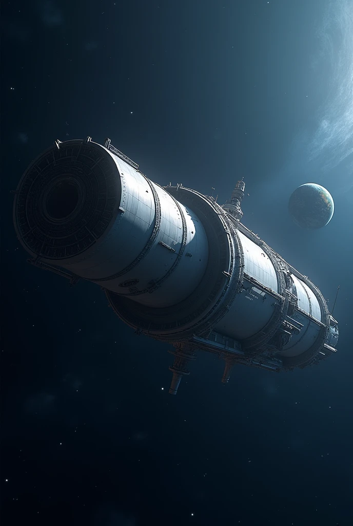 **Hyperdetailed Cylindrical Space Colony:**
- **Structure**: A massive, elongated cylinder floating in space. Its length is 5-6 times its diameter.
- **Exterior**: Smooth, reflective metallic surface with visible solar panels and radiators along the sides.
- **Ends**: Each end has a large circular cap, possibly with docking ports.
- **Scale**: The colony should appear at least 100 times larger than any nearby spacecraft.
- **Lighting**: Sunlight is coming from one side, creating a gradient from light to shadow across the curve.
- **Perspective**: The cylinder is viewed at a slight angle, highlighting its cylindrical shape. Not viewed directly from the side or end.
**Background:**
- **Space**: A dark blue space background, not black.
- **Earth**: A small Earth, appearing as a tiny blue and white marble in the distance.
- **Exclusion**: Absolutely no stars, planets, nebulae, or any other objects in the background.
**Style:**
- **Photorealistic**: High contrast, sharp details. Not cartoonish or stylized.
**Exclusions:**
- **No Interior Views**: Do not include any internal structures or cutaways.
- **No Other Objects**: No other space stations, ships, or objects should be included.
- **No Text or Labels**: No text, labels, or annotations on the image.