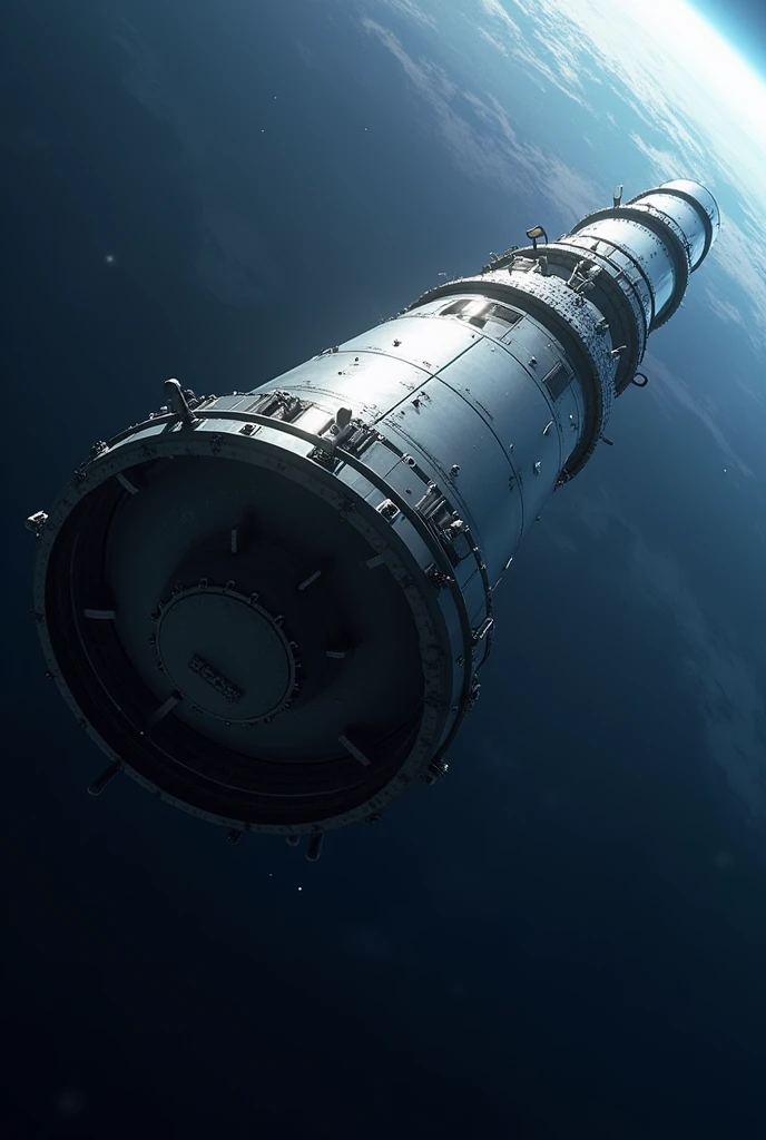 **Hyperdetailed Cylindrical Space Colony:**
- **Structure**: A massive, elongated cylinder floating in space. Its length is 5-6 times its diameter.
- **Exterior**: Smooth, reflective metallic surface with visible solar panels and radiators along the sides.
- **Ends**: Each end has a large circular cap, possibly with docking ports.
- **Scale**: The colony should appear at least 100 times larger than any nearby spacecraft.
- **Lighting**: Sunlight is coming from one side, creating a gradient from light to shadow across the curve.
- **Perspective**: The cylinder is viewed at a slight angle, highlighting its cylindrical shape. Not viewed directly from the side or end.
**Background:**
- **Space**: A dark blue space background, not black.
- **Earth**: A small Earth, appearing as a tiny blue and white marble in the distance.
- **Exclusion**: Absolutely no stars, planets, nebulae, or any other objects in the background.
**Style:**
- **Photorealistic**: High contrast, sharp details. Not cartoonish or stylized.
**Exclusions:**
- **No Interior Views**: Do not include any internal structures or cutaways.
- **No Other Objects**: No other space stations, ships, or objects should be included.
- **No Text or Labels**: No text, labels, or annotations on the image.