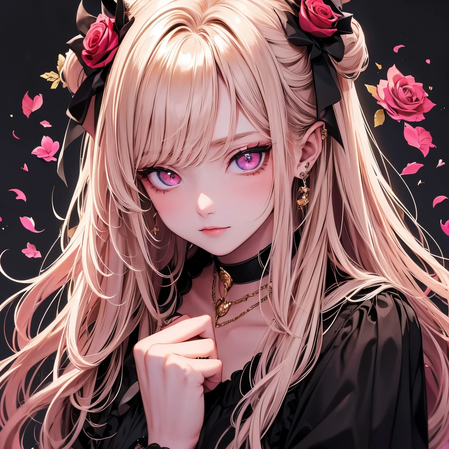 (masterpiece), Highest quality, Ultra-high resolution,Devil with a black ribbon、Golden Hair、Pink eyes、The Rose of Versailles