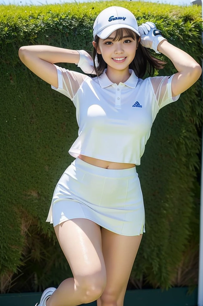 (Highest quality,masterpiece:1.2),One person,One person,Fair skin,8k,Look at the viewers、Perfect lighting,flat light,masterpiece,Realistic,Detailed face,Perfect Anatomy,Slender body、Young Face、smile、sweating、Blushing、Please show me your whole body、(tight golf wear) , (White Golf Mini Skirt) , (Wearing golf gloves)、Wear a sun visor、 ((bangs)), 、Realistic female hands, blush, smile,, Full Body Shot, ((Golf wear that fits your body))、Golf course、Beautiful legs、Baby Face、Round face、light makeup、((Sweaty))、Narrow waist、((ゴルフクラブを持ってください))