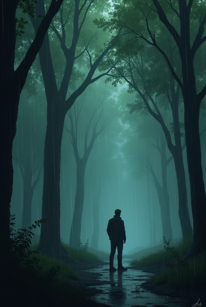 Full rain night alone men thinking in forest 