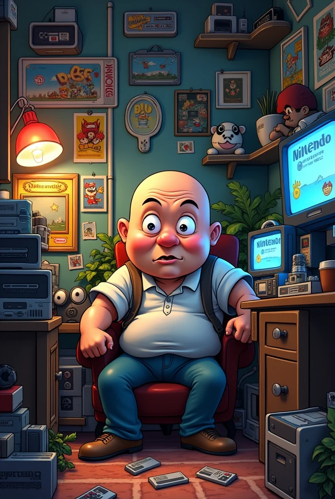 40 year old man, fake skinny, calvo, with a round face and short shoulders, and a Nintendo fanatic who lives in a small room