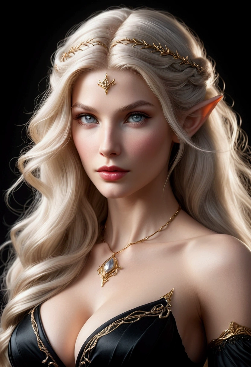 ELVE FEMALE (TOLKIEN) WITH AN HYBRID FACE BETWEEN CLAUDIA SCHIFFER AND GISELE BUNDCHEN , BUST IMAGE STYLE, STUDIO IMAGE STYLE, BLACK INFINITE BACKGROUND, DIFFUSED LIGHTS ON FACE, BACK LIGHTS ON HAIR, LUMINOUS HAIR, CLOSE FACE SHOT, PLATINUM LONG HAIR, HUGE STRAIGHT LONG HAIR, BRAID HAIR STYLE, PLATINUM EYEBROWS, VERY PALE SKIN, LUMINOUS SKIN, FEMALE FAIRY, TOLKIEN MITHOLOGY, EXPOSED TIP EARS, HIGH DETAILED ELVE EARS, HIGH CHEEKBONES, ROSY CHEEKS, EXPRESSIVE LIGHT GRAY EYES, LOOKING UP, GORGEOUS LIPS, SOFT LIPSTICK, GORGEOUS CURVY BODY, STRONG BODY, SOFT MUSCLES, VOLUMOUS BREASTS, STRAPLESS CLEAVAGE, BLACK VICTORIAN DRESS, ENIGMATIC FACE EXPRESSION, SIDE FACE VIEW,  LOOKING UP, TOLKIEN MITHOLOGY, HIGH QUALITY IMAGE, MASTERPIECE, 8K