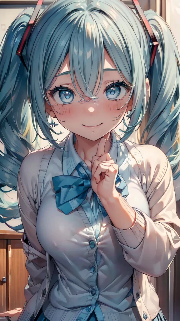 (Close-up image of upper body:1.8), ((masterpiece, sidelighting, finely detailed beautiful eyes: 1.2)), ultra-detailed, ultra high res, professional lighting, high quality makeup, beautiful detailed eyes, sexy, beautiful, big eyes, drooping eye, small breasts, blush cheek, blush body, moist eyes, Hatsune Miku, green hair, absurdly long hair, wavy hair, ahoge, twintails, (school uniforms, light blue cardigan:1.6), Extremely cute, (extremely detailed beautiful face), Authentic skin texture, beautiful hair, beautiful face, beautiful eyes, beautiful body, beautiful hands, (happy smile), (sexual aroused), open mouth, sweat, (happy smile face focus, sexual aroused face focus:1.6)