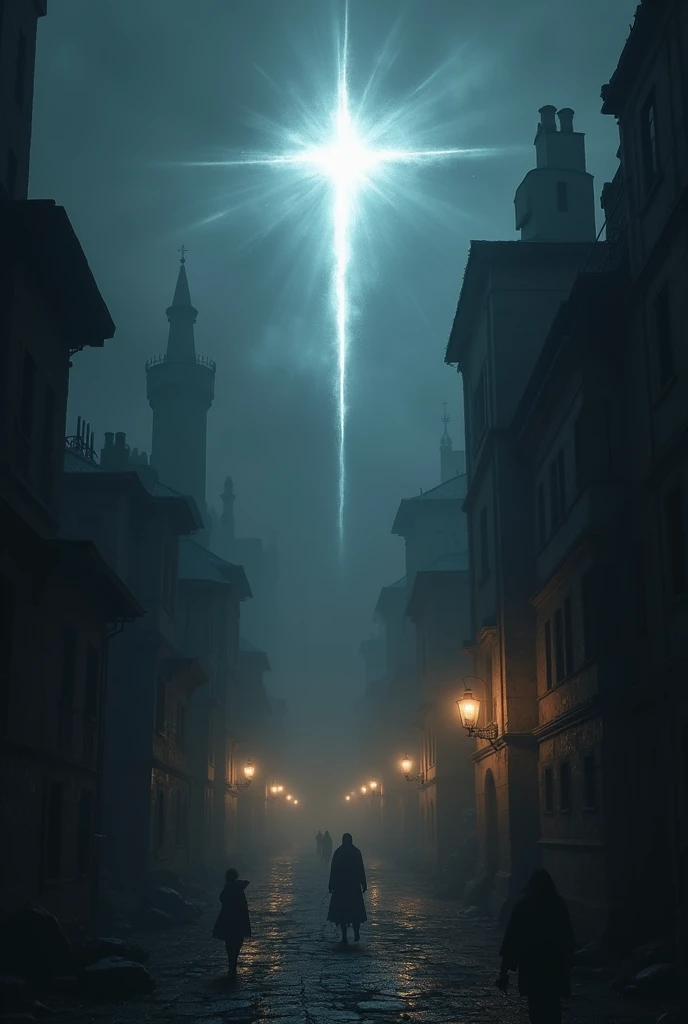 The ancient city was pitch black, lit only by torches. In the shadows, a white star was shining, staring at the people.