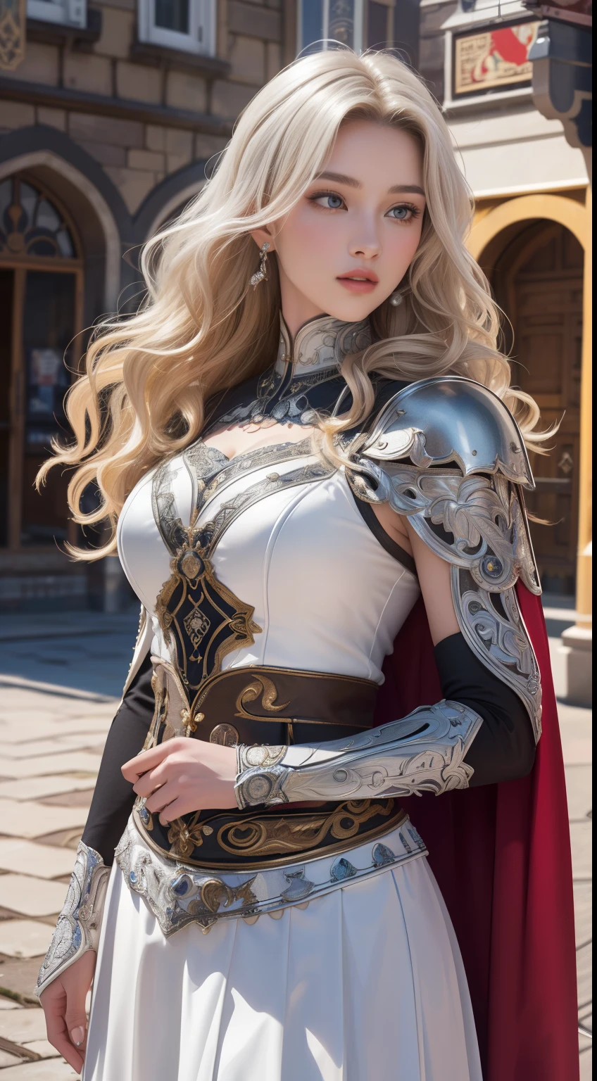 Very beautiful woman、Slender young woman、(Detailed face)、Realistic Skin、((Paladin)), ((Pearl White Armor))、((((Silver armor with extremely detailed and intricate decoration.:1.1))))、((Delicate photo)),(Girl Astepeace RAW Photo Details:1.25), (Highest quality:1.6), (Ultra-high resolution:1.5), (Realistic:1.75), 8k resolution, Canon EOS R5, 50mm, Absurd, Very detailed,Cinema Lighting,((Medieval streetscape))、((Medieval streetscape))、(((White skirt with embellishments)))、Thigh-high socks、Shingard、((blonde))、((Curly Hair))、((Drill Hair))、((Long hair with bangs and wavy hair,))、Get a six pack、Cape、Beautiful Armor、(In combat)、The wind is blowing、((Symmetrical armor))、banner、Shining Armor、(((Medieval streetscape)))、((Browsing Caution:1.1))、Medieval fantasy cityscape background