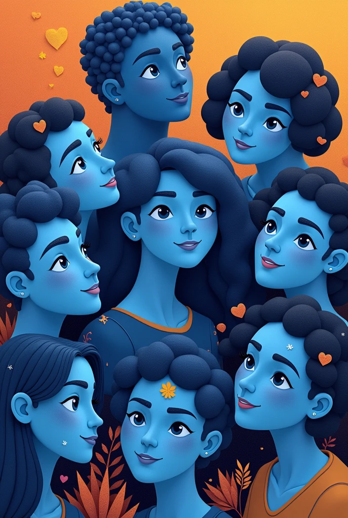 Create a high-quality image featuring Slate Blue icons or illustrations representing social and cultural aspects like community and diversity on a transparent background. Add detailed, diverse faces in Slate Blue to convey unity. Use warm, inviting accents like soft oranges or yellows with smooth gradients.