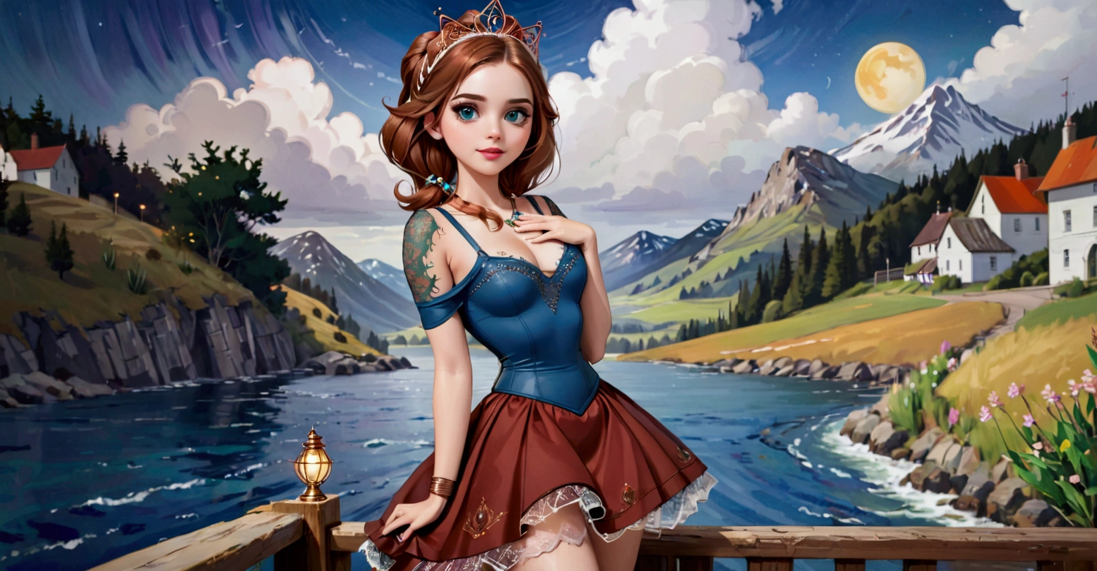 Steampunk Inspired Elven Princess. Copper Wire Necklaces & Bangles. Crown Of Fine Copper Wire. Copper Coloured Tatoos Cover Her Face And Body Intricate & Beautiful Designs. Hands On Hips. Ember Colored Eyes. Pure White Dress, Hemmed With Copper, Covered In Copper Lace & Filligree. Cppper Designs Cover The Skirt In A Kaleidoscope Of Copper Designs. Background Is Forrest. A Blend Of Ariel Winter & Alison Brie, Symmetrical Face Exudes Elegance &Grace. Cozy, Romantic Lighting. Cheerful Smile. Copper Hair That Shimmers And Sparkles In The Light. Hourglass Figure.