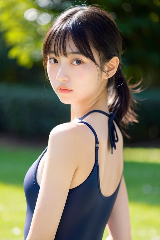 Beautiful and cute Japanese high school girls、A serious and excellent student、Disciplined、sportuniversal、Beauty、Dark navy one piece swimsuit、masterpiece、High resolution、Realistic、Realistic