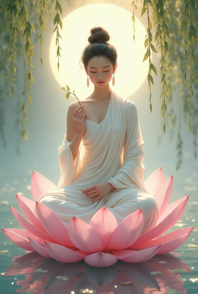 drawing of a beautiful girl wearing a white robe, holding a willow branch and sitting on a pink lotus, she is the reincarnation of Bodhisattva Avalokiteshvara
