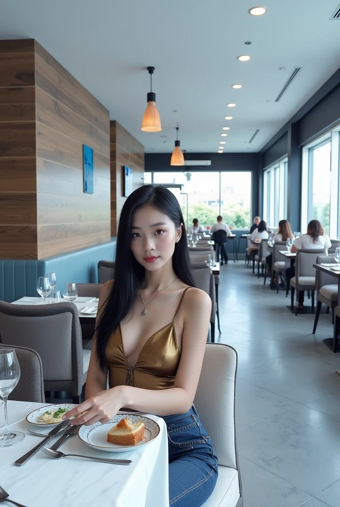 (full body shot:1) photorealistic image of a woman, ultrarealistic, photography, straight long black hair, asian woman, beautiful cute sexy asian 20 years old woman, hourglass figure, perfect body, Flirty look, natural big breasts, long eyelashes, cat eye make-up, double eyelids, sexy pose, erotic pose, seductive pose, big breasts, big tits, wearing a gold sexy top, at a restaurant ,