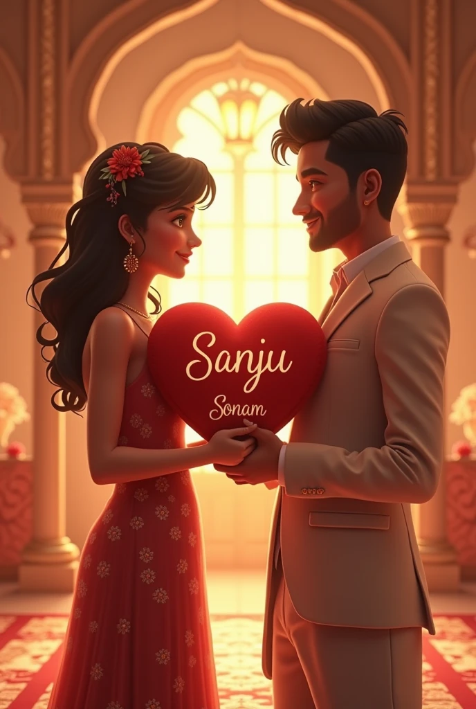 Married couples standing in marriage hall with giving heart peellow in that full name of 'संजू' and '
सोनम'