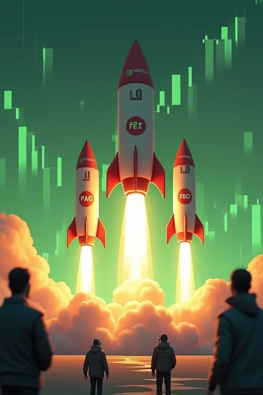 Multiple rockets labeled with AI token names (FET, TAO) blasting off, leaving behind a trail of green candlestick charts. NVIDIA logo visible on the launchpad. In the background, a larger Bitcoin rocket is seen descending slightly. Excited crypto traders watching from below.