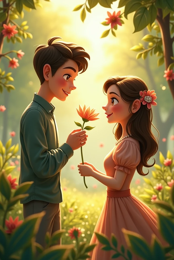 Create a detailed image of a man offering a flower to a woman in high resolution. The scene should capture the woman's expression of surprise and joy, as well as the man's kind gesture. The image should show details such as the flower, facial expressions and the surrounding environment, which could be a park or a garden, highlighting the romantic and emotional atmosphere of the moment.