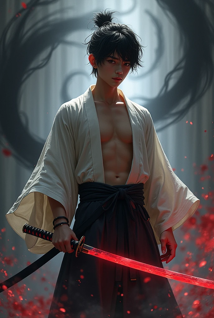 A 5'4 tall boy wearing a samurai dress with. Holding a red katana and surrounded by black aura. Having muscular body revealing abs and chest.