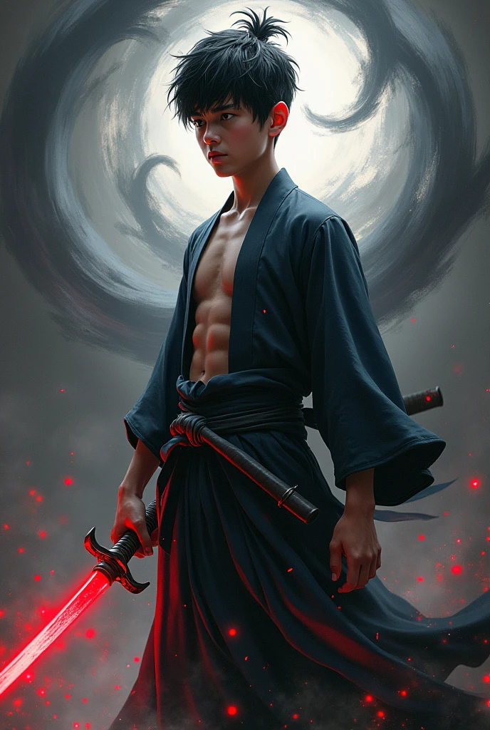 A 5'4 tall boy wearing a samurai dress with. Holding a red katana and surrounded by black aura. Having muscular body revealing abs and chest.