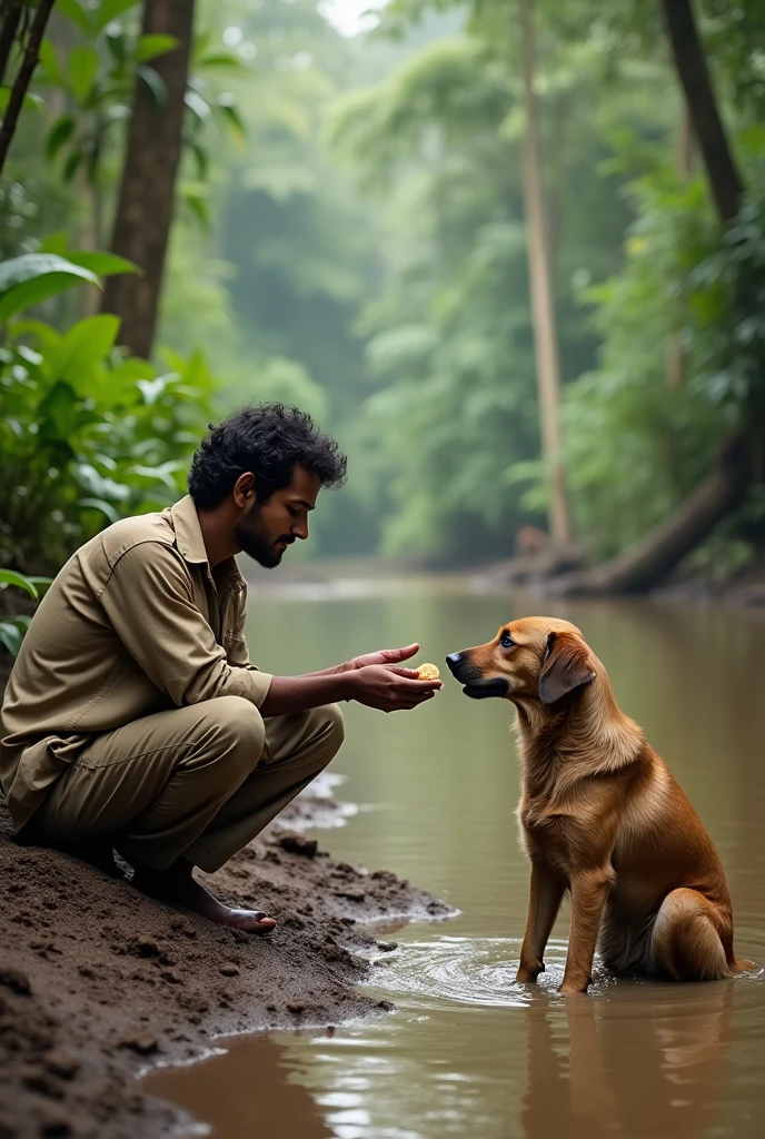 A Indian rescue man feed biscuits to an Indian stray dog on the jungle muddy river side