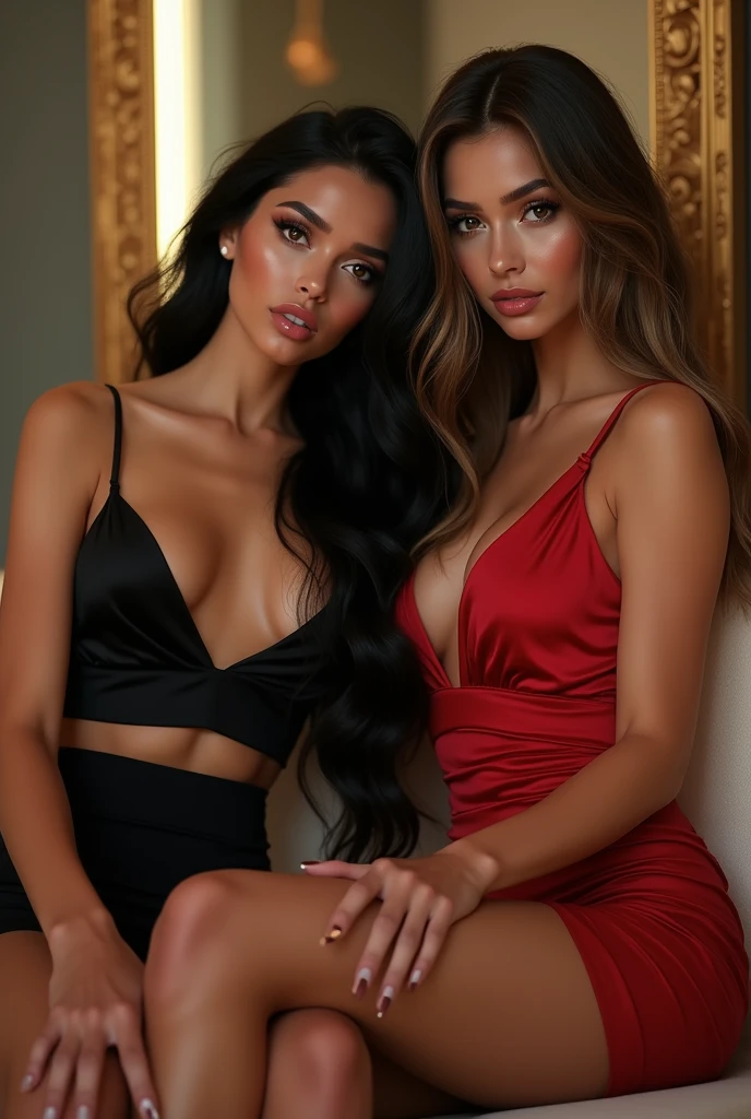 A beautiful Instagram model,big boobs ,  long black hair, with her friend, dark blonde hair , wearing a beautiful outfit ,( full body view,) ((big boobs)), (hourglass figure), (white girl), detailed face, beautiful eyes, luscious lips, cinematic lighting, photorealistic, highres, 8k, (best quality:1.2), (realistic:1.37) , (full body view), big boobs, sitting