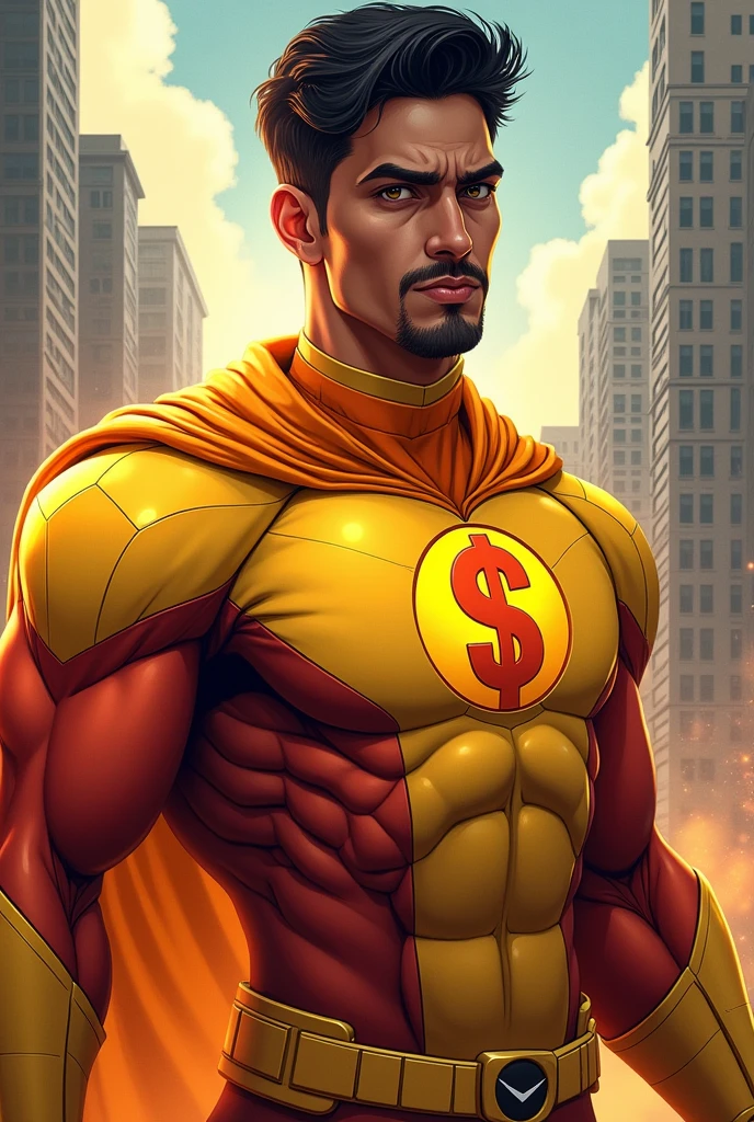 A super hero relating to Crypto currency, with 'Crypto Man' written on his chest, and dollar sign, dressed in Yollow and orange, with face of a 30 Year Old Indian Boy