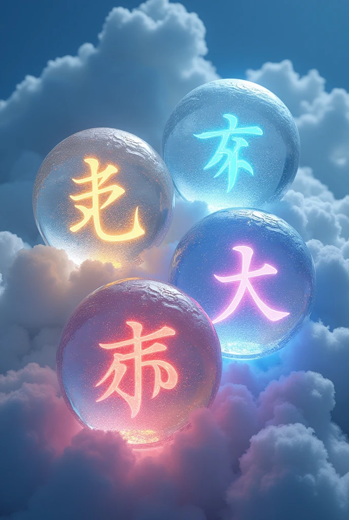 Four crystal balls are floating in a clear blue sky. Each ball contains a single kanji character representing an emotion: 喜 (joy), 怒 (anger), 哀 (sadness), and 楽 (fun).
The 喜 ball glows with a bright yellow light.
The 怒 ball pulses with a fiery red energy.
The 哀 ball shimmers with a soft, watery blue.
The 楽 ball radiates a gentle pink aura.
The crystal balls are highly detailed and realistic, with intricate facets that catch the light.