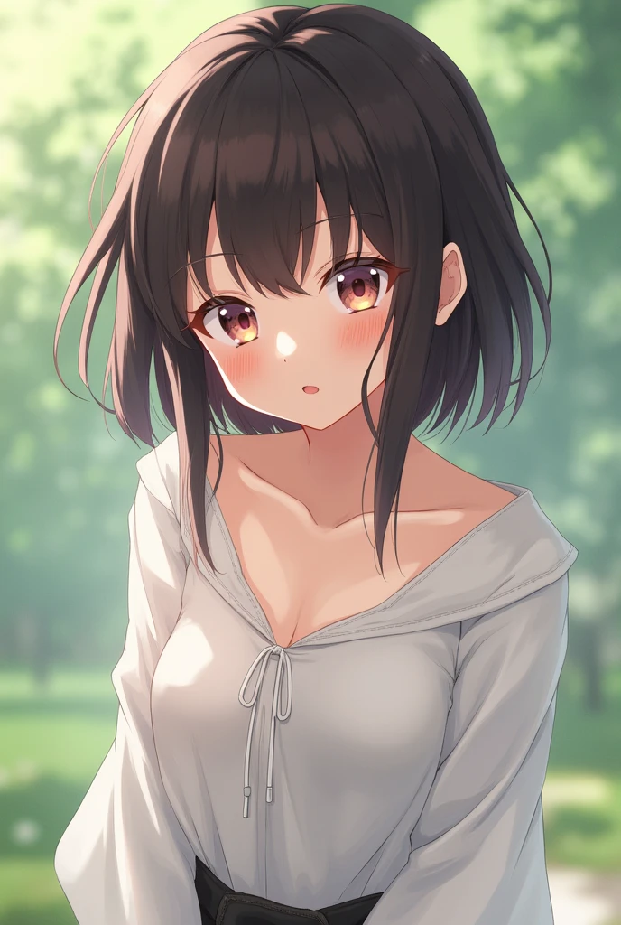 girl, littai, in possession leaning forward, breasts small, tiny breasts, Flat Breast, loose clothes, loose blouse, loose clothing, fluid clothing, wavy clothes, clothes showing the breasts clothes open at the neck, downblouse, see boobs, discount loose, loose neck opening, all fours, quadruped position,