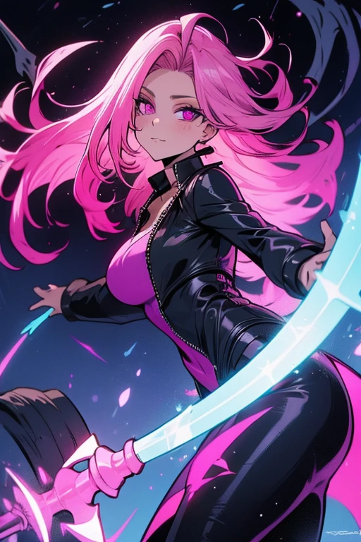 Perfect face. Perfect hands. A pink haired woman with violet eyes with an hourglass figure in a tight leather dress is spinning her scythe in a cemetery at night