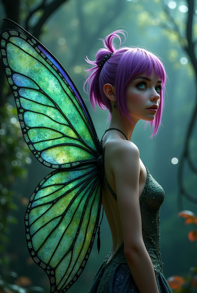 Real fairy with beautiful green and purple wings with glitter,Tecna a beautiful fairy, Tecna is fairy with a light skin tone, teal-blue eyes and magenta-colored hair which is often styled in an asymmetrical bob-cut on the right side with a single small hair strand sticking up but make it 1980 dark fantasy movie scene
