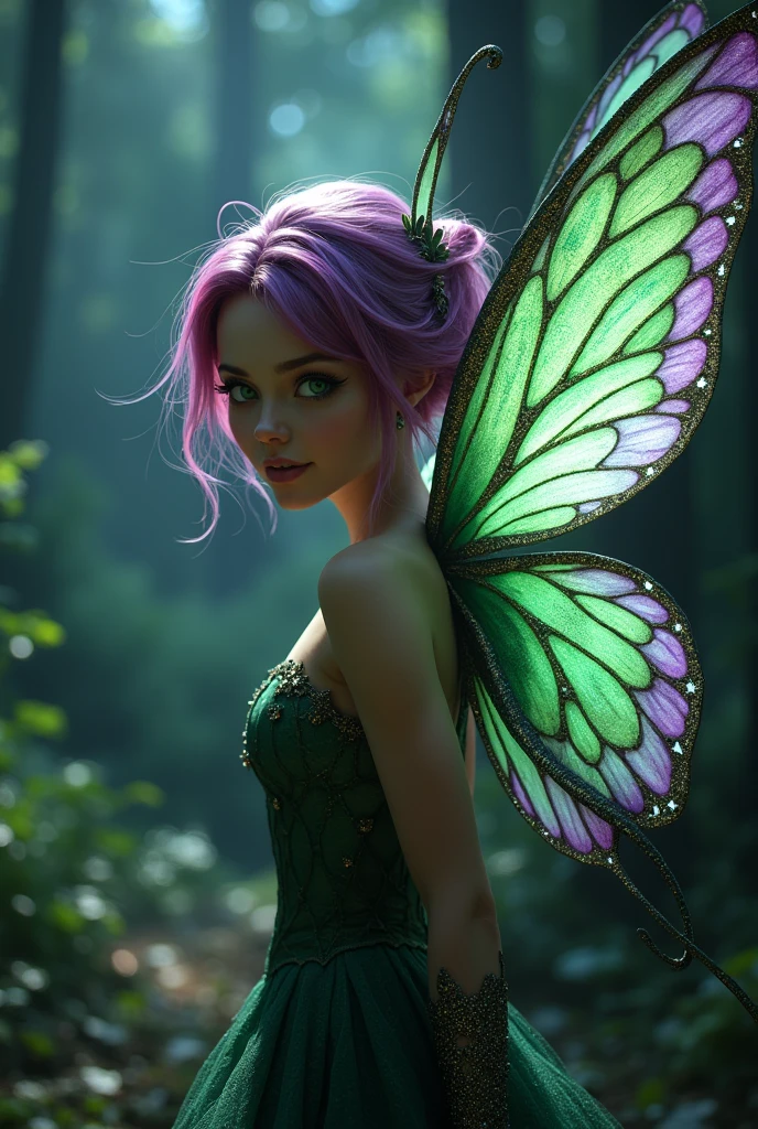 Real fairy with beautiful green and purple wings with glitter,Tecna a beautiful fairy, Tecna is fairy with a light skin tone, teal-blue eyes and magenta-colored hair which is often styled in an asymmetrical bob-cut on the right side with a single small hair strand sticking up but make it 1980 dark fantasy movie scene