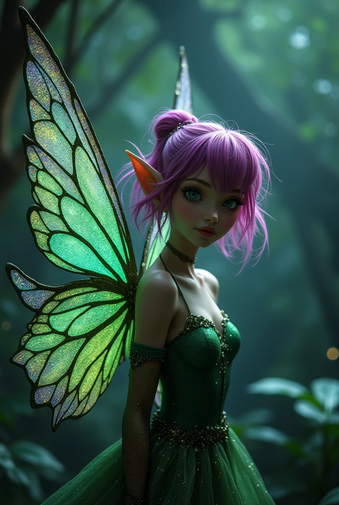 Real fairy with beautiful green and purple wings with glitter,Tecna a beautiful fairy, Tecna is fairy with a light skin tone, teal-blue eyes and magenta-colored hair which is often styled in an asymmetrical bob-cut on the right side with a single small hair strand sticking up but make it 1980 dark fantasy movie scene