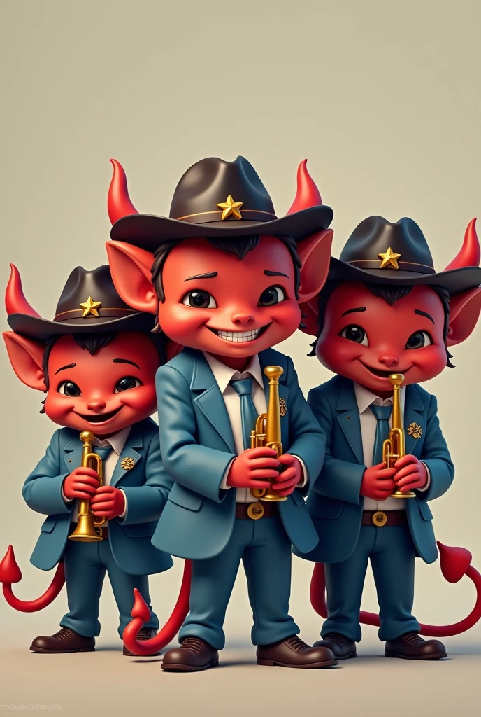 5 cute evil devils smiling holding trumpet with lead colored sheriff hat and hat pin, blue aviation suit, White shirt 