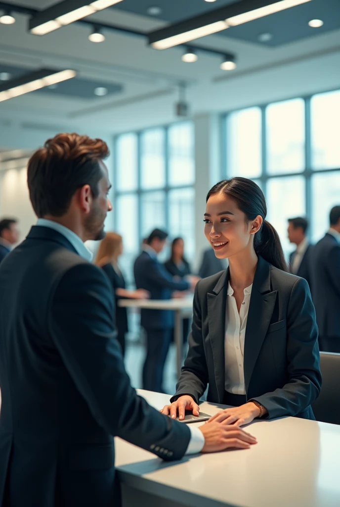 I want an image of a female banker serving a man, and behind that man you can see a line of men and women waiting for service