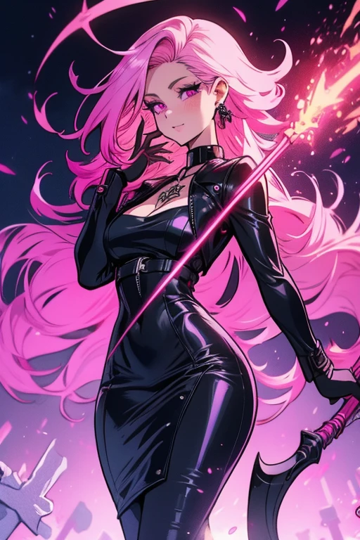 Perfect face. Perfect hands. A pink haired woman with violet eyes with an hourglass figure in a tight leather dress is spinning her scythe in a cemetery at night