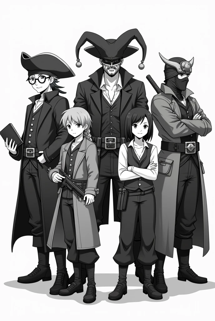Make 5 jolly Rogers in anime style only in Black, White and shades of Grey: The first with round glasses and a book, The second with a jester hat and bard features, the third with millitary gadgets and The fourth with a ninja mask. 
The fifth looks like a pirate king. Dont mix The features between eachother
