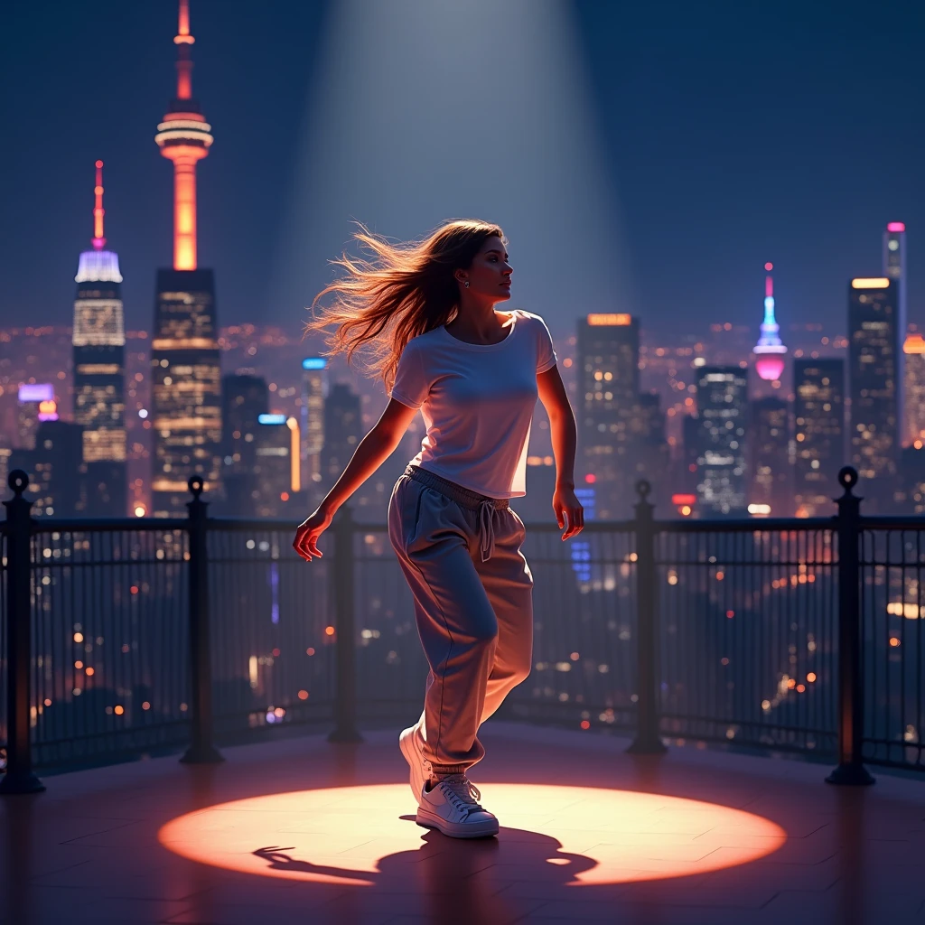 A woman wearing a t-shirt and sweatpants, Long Hair, Dancing, City of night, Beautiful night view as background, Spotlight, Beautiful lighting, Vibrant