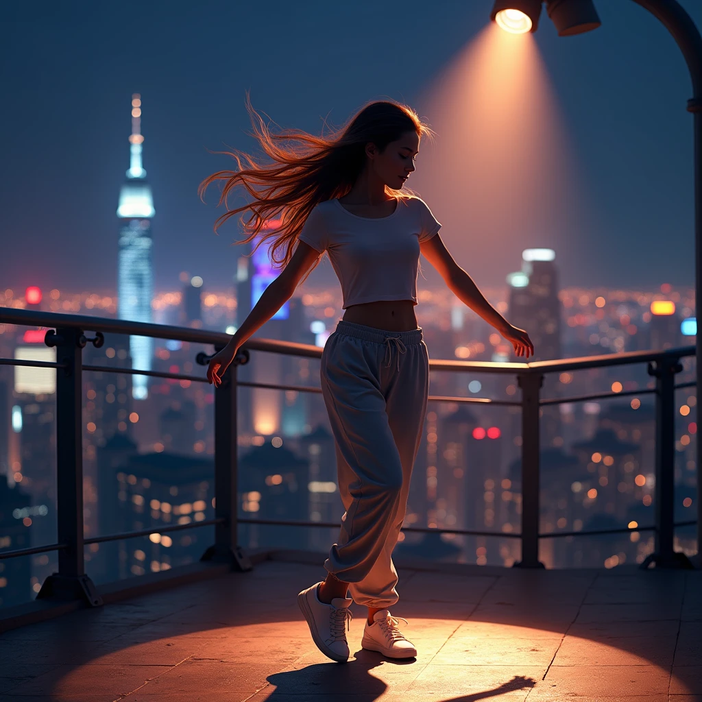 A woman wearing a t-shirt and sweatpants, Long Hair, Dancing, City of night, Beautiful night view as background, Spotlight, Beautiful lighting, Vibrant