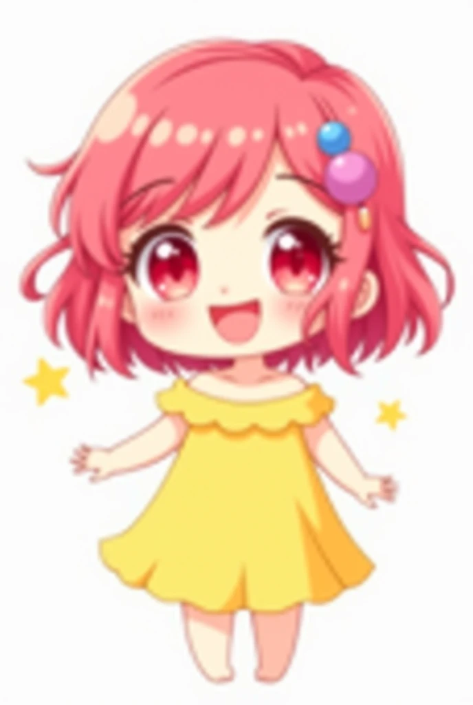 Chibi, Flat color, Single, Full body, cute, (Highest quality), Pink hair, Red eyes, Bob cut, ((curly hair)), Off shoulder, beautiful eyes, Big smile, Bright and curious personality, Mood Creators, cheery, Open mouth, (Yellow nightgown), White background, (Masterpiece)