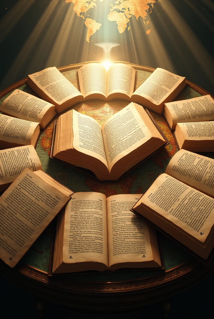 A collection of open Bibles, each page featuring text in different languages, representing a diverse range of scripts and alphabets. The Bibles could be arranged in a circular or overlapping pattern to symbolize unity. The background might include a globe or world map, with beams of light connecting the various language texts to signify the global reach and inclusiveness of the Bible's message."