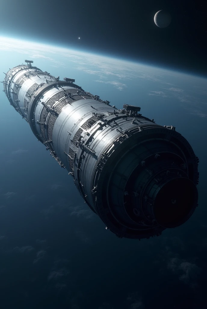**Hyperdetailed Cylindrical Space Colony:**
- **Structure**: A massive, elongated cylinder floating in space. Its length is 5-6 times its diameter.
- **Exterior**: Smooth, reflective metallic surface with visible solar panels and radiators along the sides.
- **Ends**: Each end has a large circular cap, possibly with docking ports.
- **Scale**: The colony should appear at least 100 times larger than any nearby spacecraft.
- **Lighting**: Sunlight is coming from one side, creating a gradient from light to shadow across the curve.
- **Perspective**: The cylinder is viewed at a slight angle, highlighting its cylindrical shape. Not viewed directly from the side or end.
**Background:**
- **Space**: A dark blue space background, not black.
- **Earth**: A small Earth, appearing as a tiny blue and white marble in the distance.
- **Exclusion**: Absolutely no stars, planets, nebulae, or any other objects in the background.
**Style:**
- **Photorealistic**: High contrast, sharp details. Not cartoonish or stylized.
**Exclusions:**
- **No Interior Views**: Do not include any internal structures or cutaways.
- **No Other Objects**: No other space stations, ships, or objects should be included.
- **No Text or Labels**: No text, labels, or annotations on the image.